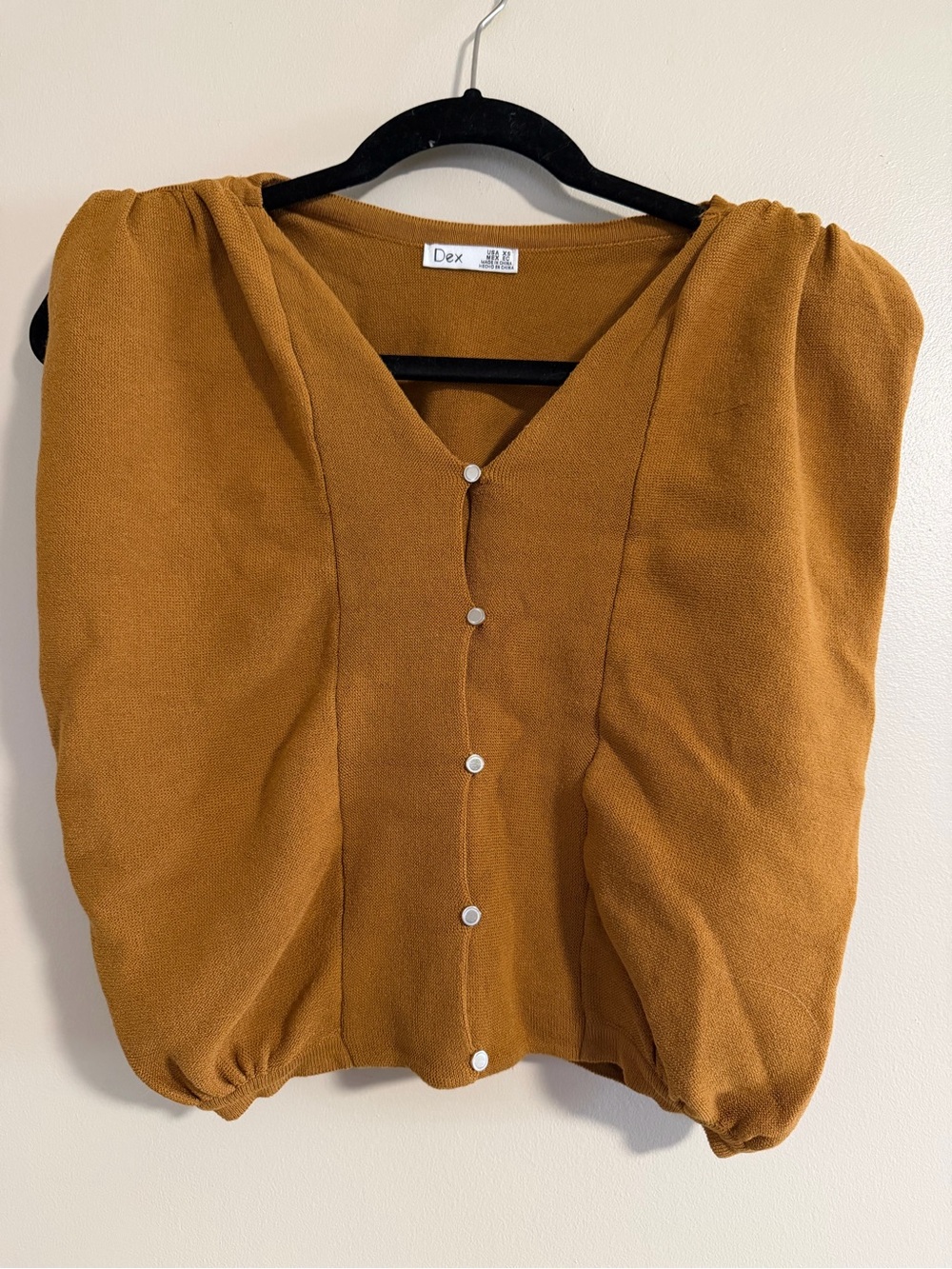 Dex Women's Mustard Puff-Sleeve V-Neck Button Cardigan